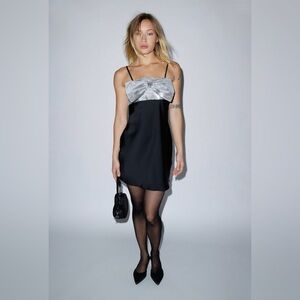 NWT GLAMOROUS Empire Bow Mini Dress in Black/Silver MED